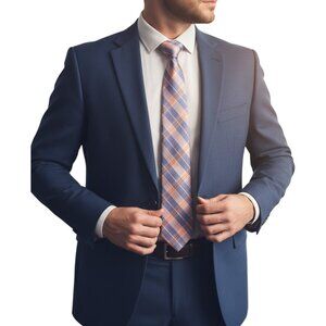 JZ Richards‎ Boulder Peach Blue Plaid Silk Handmade Necktie